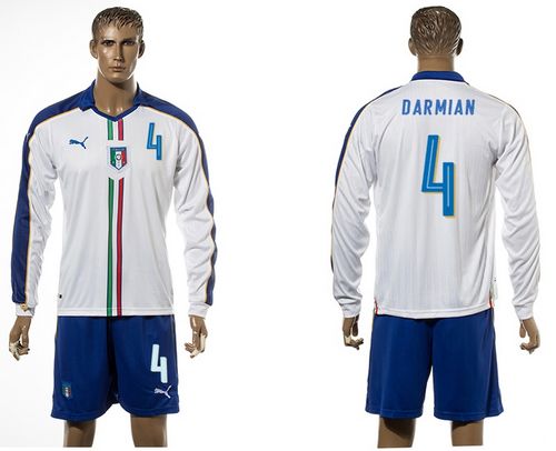 Italy #4 Darmain White Away Long Sleeves Soccer Country Jersey - Click Image to Close